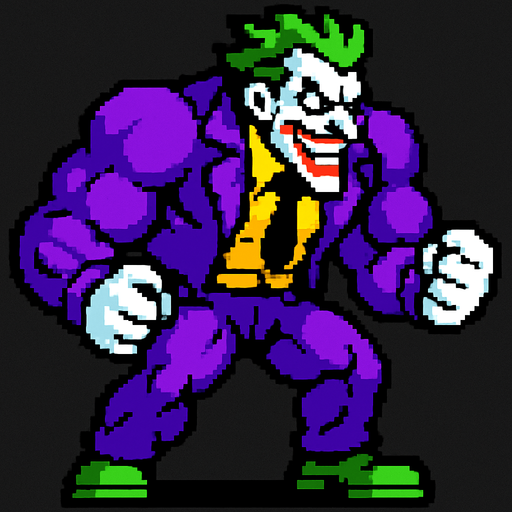 Mad strong person like the joker 2d game.
In-Game asset.  2d.  High contrast.  No shadows