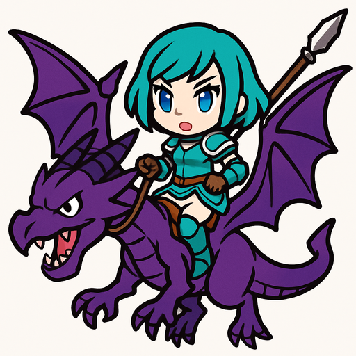 Una jinete de wyvern en estilo chibi/cuerpo completo. El wyvern es grande y de color morado, con alas extendidas y expresión fiera. La jinete es una joven guerrera con armadura ligera de torso en color verde con detalles aqua, con hombreras y guantes. Lleva pantalones blancos y botas verdes altas. Su cabello es corto estilo bob, de color aqua, y tiene ojos azules brillantes. Montada sobre el wyvern, sostiene con una mano las riendas y con la otra una lanza larga..
In-Game asset.  2d.  High contrast.  No shadows