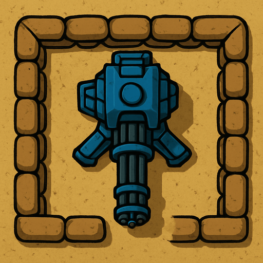 Top view of an blue defense Military tower large Minigun Machinegun in the desert, the image has a square border outlined by military defense Brown sandbags.
In-Game asset.  2d.  High contrast.  No shadows