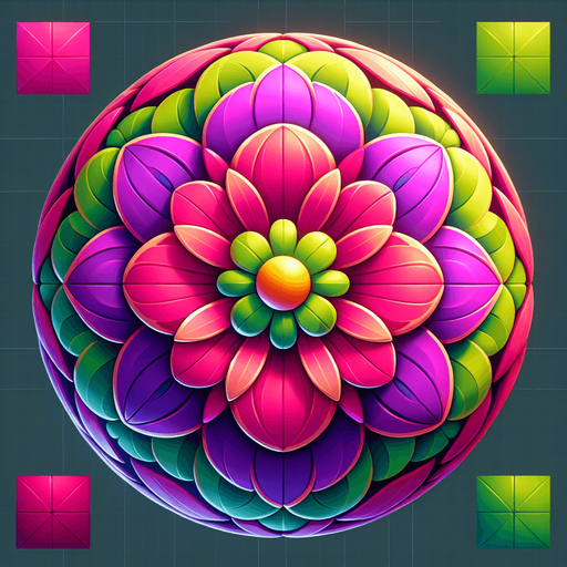 A round magenta and green flower. Top down view.
Single Game Texture. In-Game asset. 2d. Blank background. High contrast. No shadows.