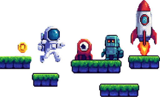 Fullscreen modern App Store landscape banner, 16:9, high definition, for a game titled "Astro Jump: Space Platformer" and with the description "Guide an astronaut through low-gravity space platforms, defeat alien and robot enemies by jumping on them, and reach the rocket ship to win. Collect points and avoid obstacles in a retro pixel art space setting.". No text on banner!