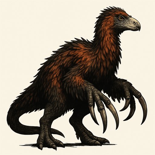 A realistic Therizinosaurus dinosaur covered in long, shaggy feathers with colors blending dark brown, black, and hints of rusty red. The feathers are especially thick on the neck, back, and arms, giving it a bird-like, primal appearance. Its long, powerful arms end in enormous, curved claws that are glossy and sharp. The small head has a beaked mouth and alert yellow eyes. The legs and tail show patches of scaly skin beneath the feather covering. The stance is slightly hunched, emphasizing its unusual shape and intimidating size..
In-Game asset.  2d.  High contrast.  No shadows