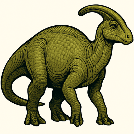 A large Parasaurolophus dinosaur with smooth, greenish-brown scaly skin. It has a long, curved cranial crest extending from the back of its head. The body is bulky with thick legs and a long tail. The skin shows detailed scales with subtle shading and wrinkles. The head has gentle eyes and a broad snout..
In-Game asset.  2d.  High contrast.  No shadows