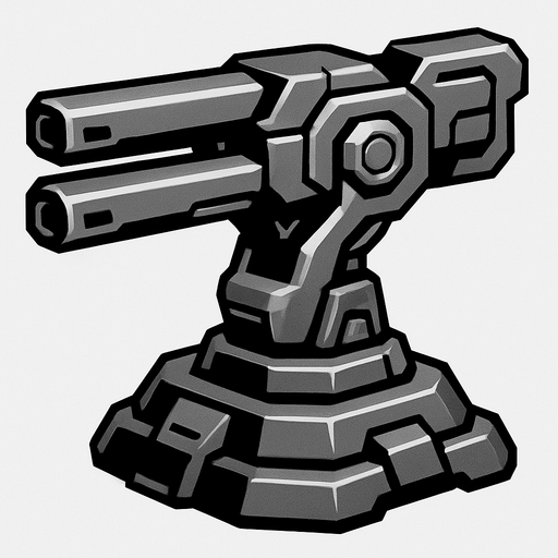 torreta futurista en escala de grises con aspecto default.
In-Game asset.  2d.  High contrast.  No shadows