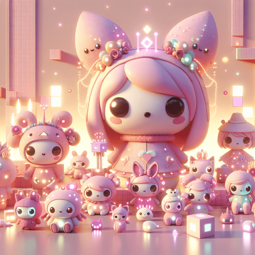 Beautiful 3d pink theme with other soft colours with cute soft kawaii 3d dolls and tiny glowing creatures.
Single Game Texture. In-Game asset. 2d. Blank background. High contrast. No shadows.