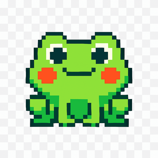 La rana debe ser un personaje simpático de color verde brillante, con ojos grandes y expresivos que miran al frente, mejillas redondeadas y una sonrisa divertida; su cuerpo debe ser compacto y ligeramente ovalado, con patas traseras marcadas pero no exageradas, diseñada en estilo pixel art, y puede tener una pequeña animación de parpadeo o un leve rebote para darle vida; el fondo debe ser transparente y el estilo visual debe coincidir con un juego colorido y casual..
In-Game asset.  2d.  High contrast.  No shadows