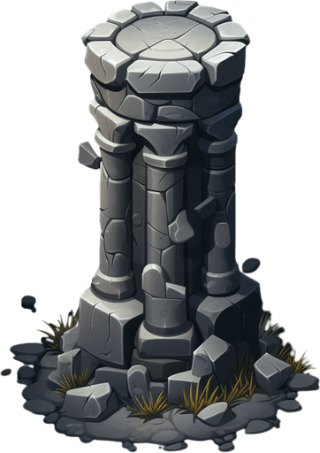 Single Short round Isometric dungeon column, simple, few stones, single column, no floor, dark room, Single Game Texture. In-Game asset. 2d. Pixelart. White background. Blank background. Low detail. High contrast.