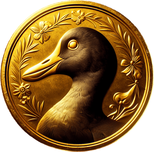 A single golden coin with the head of an American 
Coot on it..
Single Game Texture. In-Game asset. 2d. Blank background. High contrast. No shadows.