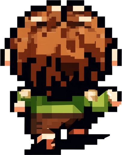 The hobbit is jumping. His feet stick out on either side as he jumps.  Pixel art