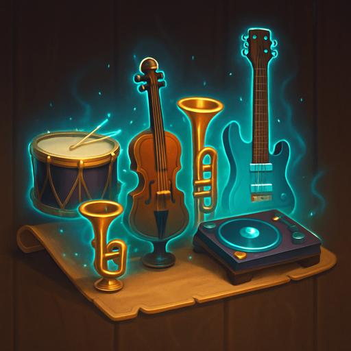 Design an icon for a button labeled "Towers" in a fantasy tower defense game set in a haunted concert hall. The icon should clearly represent access to a selection of instrument-based defense towers.

Use a stylized rack or display of musical instruments arranged like tower miniatures: a drum, violin, trumpet, electric guitar, and DJ deck. They should look magical and glowing slightly, as if floating or placed on a scroll or magical stand.

The icon should be square (256×256 px), clean and readable at small sizes.
Background should be subtle—wood, velvet, or magical mist—but not distracting.
The icon must not include text, only imagery.
Style: digital painted or semi-flat fantasy UI, fitting with a classical, magical orchestral theme..
In-Game asset.  2d.  High contrast.  No shadows