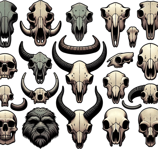 a collection of skulls arranged in horizontal rows.
Single Game Texture.  In-Game asset.  2d.  Blank background.  High contrast.  No shadows