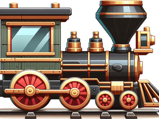 2d western toy train side view.
Single Game Texture. In-Game asset. 2d. Blank background. High contrast. No shadows.