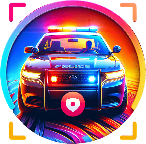 front of a police car with a silouhete of a driver.
video game style