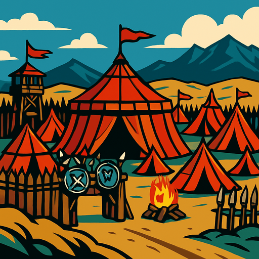 Büyük savaşçı kampı uzaktan görünüm.
In-Game asset.  2d.  High contrast.  No shadows