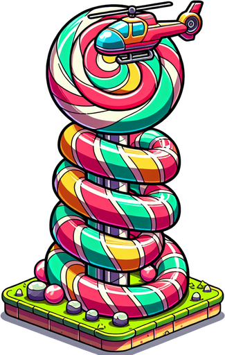 Create a cartoon-style lollipop tower as an obstacle in a helicopter game. The tower should look like a giant stacked swirl lollipop with a stick base, colorful stripes, and a playful vibe. Use bold outlines and a candy theme..
Single Game Texture.  In-Game asset.  2d.  Blank background.  High contrast.  No shadows