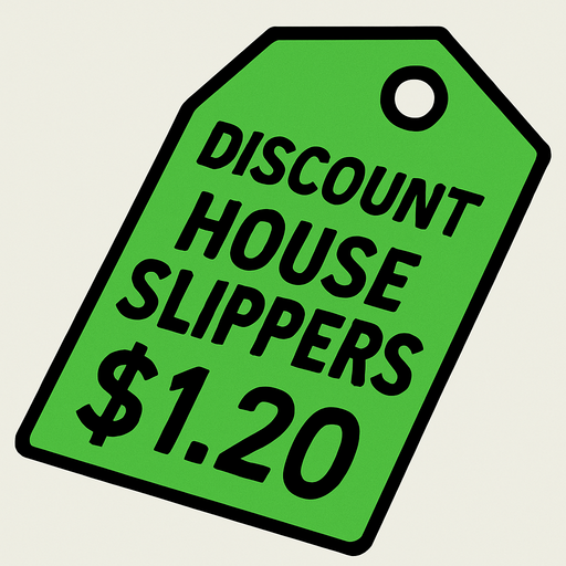green price tag that says discount house slippers $1.20.
In-Game asset.  2d.  High contrast.  No shadows