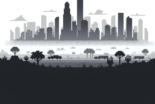 8-bit gray silhouette of cityscape in distance.
Single Game Texture. In-Game asset. 2d. Blank background. High contrast. No shadows.