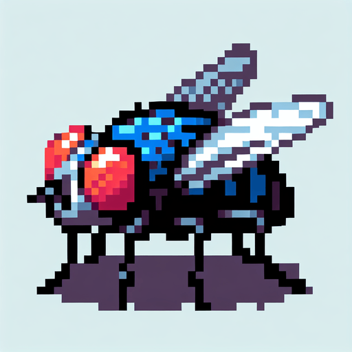 Genera una mosca mirando hacia la iziquierda en pixel art.
Single Game Texture.  In-Game asset.  2d.  Blank background.  High contrast.  No shadows