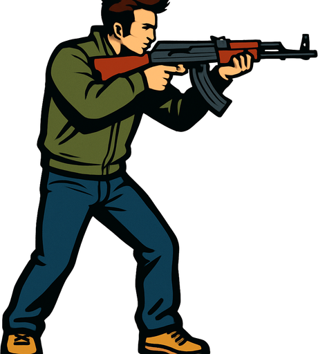 claude speed de gta 3 apuntando con una ak47 desde una perspectiva lateral de cuerpo completo
In-Game asset.  2d.  High contrast.  No shadows