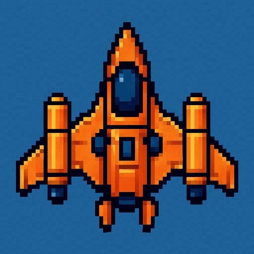 pixel art bir uzay gemisi.
In-Game asset.  2d.  High contrast.  No shadows