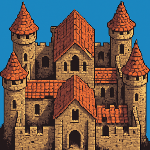O telhado de um castelo medieval abandonado com suas torres. arte pixel 32 bits, vista aerea frontal.
In-Game asset.  2d.  High contrast.  No shadows