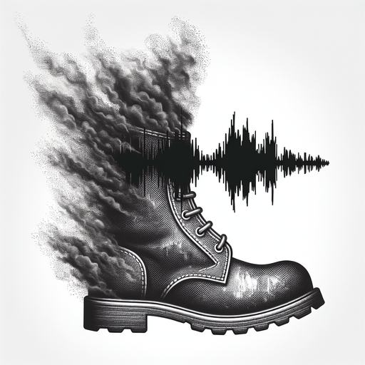 A boot icon dissolving into smoke or shadow at the heel. Sound wave symbol with a line striking through it, indicating silence..
Single Game Texture.  In-Game asset.  2d.  Blank background.  High contrast.  No shadows