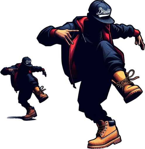 A Krump Dancer wearing a snapback and Timberlands shoes Single Game Texture. In-Game asset. 2d. Blank background. High contrast. No shadows.