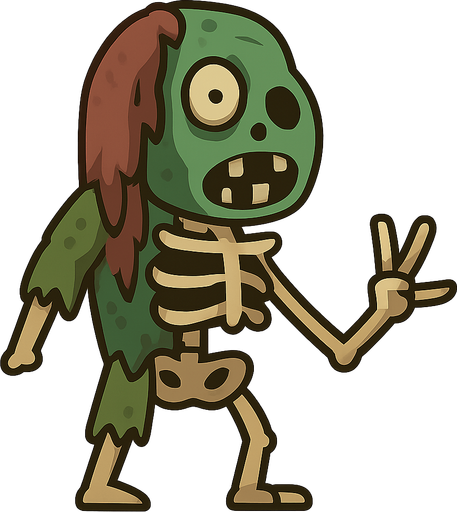 A zombie fixed with a skeleton. No background. Transparent background. Blank background. No shadows. 2d. In-Game asset. flat