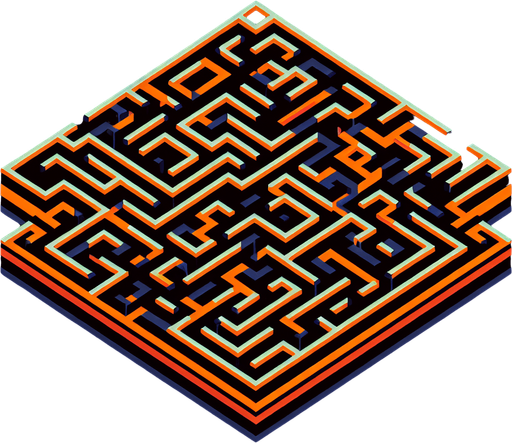 Playable maze with orange lines. at black background..
Single Game Texture. In-Game asset. 2d. Blank background. High contrast. No shadows.
