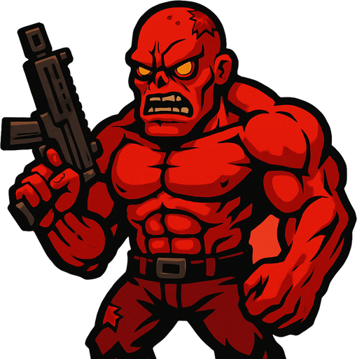 boss zombi çok kaslı akıllı ve silahlı sinirli kızgın ve ten rengi kırmızı.
In-Game asset.  2d.  High contrast.  No shadows