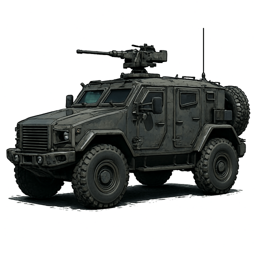 Zırhlı savaş arabası, gerçekçi, yazısız, yandan görümüm.
In-Game asset.  High contrast.  No shadows