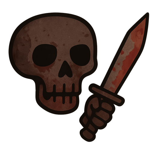 A skull head holding a knife
. No background. Transparent background. Blank background. No shadows. 2d. In-Game asset. flat.dark,bloody look on knife and head,make my drawing better