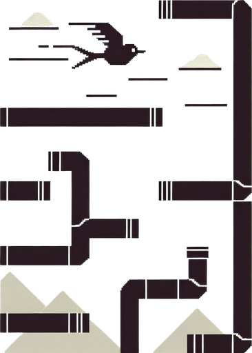 A bird is flying through pipes.
Single Game Texture. In-Game asset. 2d. Blank background. High contrast. No shadows.