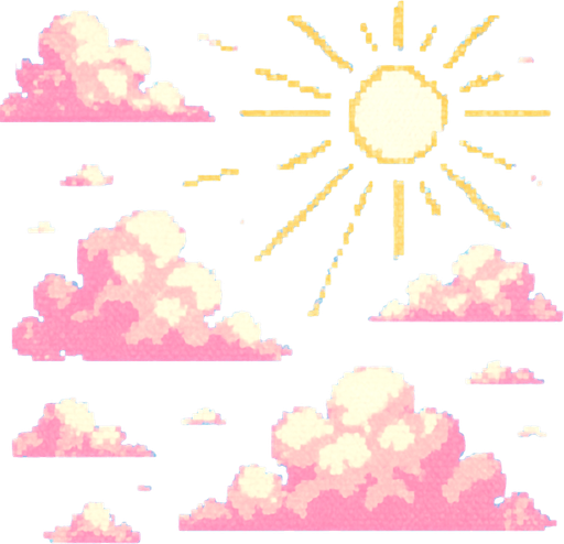 Bright day sky, cotton candy clouds, clear blue background, sun rays, cheerful mood, 2D pixel art.
In-Game asset.  2d.  High contrast.  No shadows