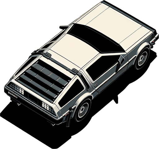 DeLorean car, seen from behind

Top-down, gta2, Single Game Texture. In-Game asset. 2d. Blank background. High contrast. No shadows.isometric