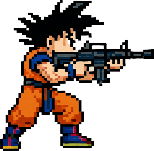 goku de dragon ball hecho con pixeles de cuepo completo con perspectiva lateral apuntando don un rifle de asalto m4
In-Game asset.  2d.  High contrast.  No shadows