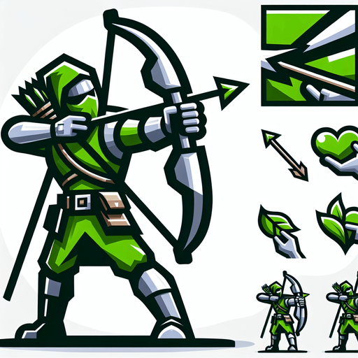 yeşil tatlı ok atmaya hazırlıklı okçu karakter.
Single Game Texture.  In-Game asset.  2d.  Blank background.  High contrast.  No shadows