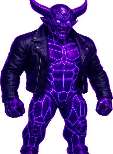 Black leather biker jacket longsleeves bare segmented neon cyberpunk pecs abs muscles robot monster hunk Neon cyberpunk 3d hologram corporate occult demon android mecha robot sentinel guard soldier machine monster fully in frame no part cut off no background anime futuristic Background removed, "Full-body character, entirely in frame, no cropping of face, head, or feet" "Complete character visible, from head to toe, fully centered in the image" "Entire character, including face and boots, fully within the frame" Character fully contained within a square frame, no edges cut off  horns through boots