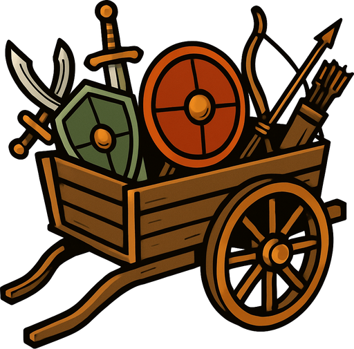 Kılıç kalkan ok yay gibi savaş malzemeleri taşıyan at arabası.
In-Game asset.  2d.  High contrast.  No shadows