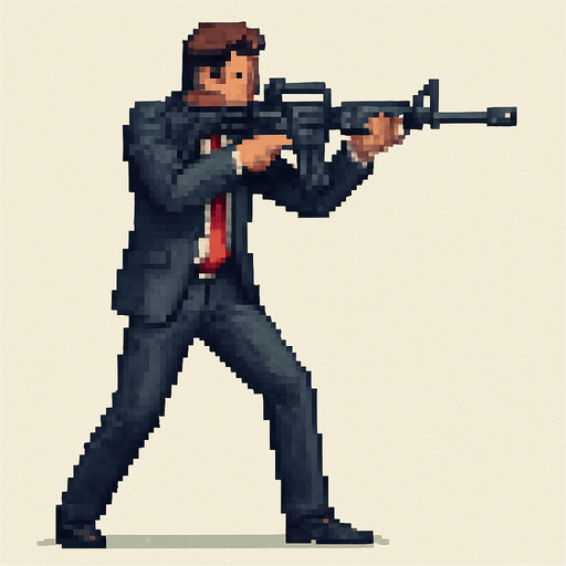 un hombre de traje hecho con pixeles de cuerpo completo apuntando con un  rifle de asalto m4