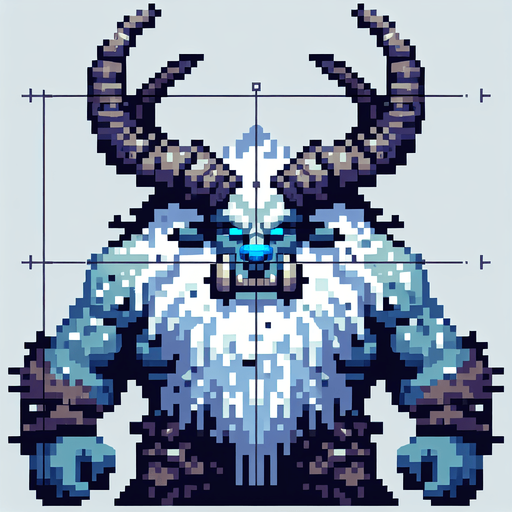 A winter horned ogre enemy character. pixelart. front view.. Single Game Texture. In-Game asset. 2d. Blank background. High contrast. No shadows.