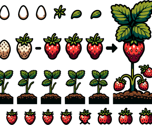 A spritesheet showing a strawberry plant in various stages of germantion, from seed over sapling and to full grown plant with ripe strawberries. The sprites should be laid out in a rectangular grid with blank space between them..
Single Game Texture. In-Game asset. 2d. Blank background. High contrast. No shadows.