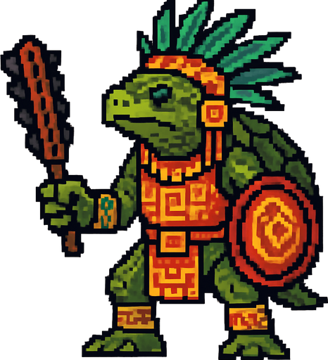 Generame un guerrero azteca con patrones, estilo pixelar, ademas sera un Tortuga de ciénaga colombiana humanoide.
In-Game asset.  2d.  High contrast.  No shadows