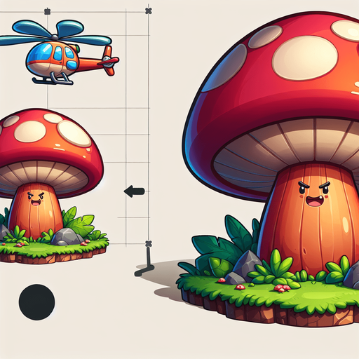 Generate a cartoon-style giant mushroom obstacle for a helicopter game. It should be colorful, exaggerated in size, and fun in appearance, with a thick stem and a big cap. Use soft shadows and vibrant tones..
Single Game Texture.  In-Game asset.  2d.  Blank background.  High contrast.  No shadows
