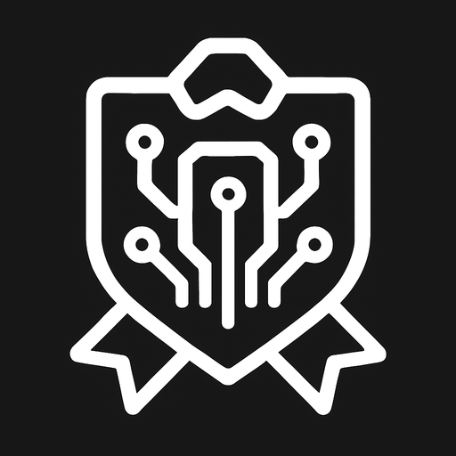 white, simple digital badge icon, clean futuristic circuit look, top-down view, 76x76 pixels, no text, no glow, flat lines only.
High contrast.  No shadows