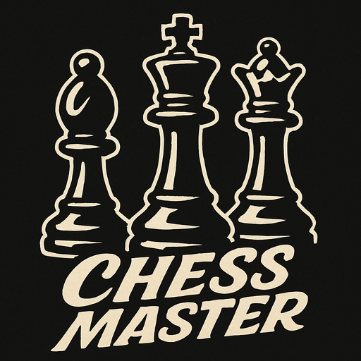 en altla havalı kalın ve grafik çizim olarak italik bir yazıyla Chess Master yazan koyu renk temalı 3 adet ortada büyük şah sağda vezir ve solda fil olacak şekilde satranç taşları.
In-Game asset.  2d.  High contrast.  No shadows
