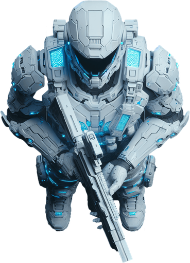 View of a futuristic soldier from directly overhead. White armor with blue glowing cyberpunk details. Holding weapon forward..
Single Game Texture. In-Game asset. 2d. Blank background. High contrast. No shadows.