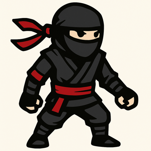 A generally black and grey ninja, but with a few red details..
In-Game asset.  2d.  High contrast.  No shadows