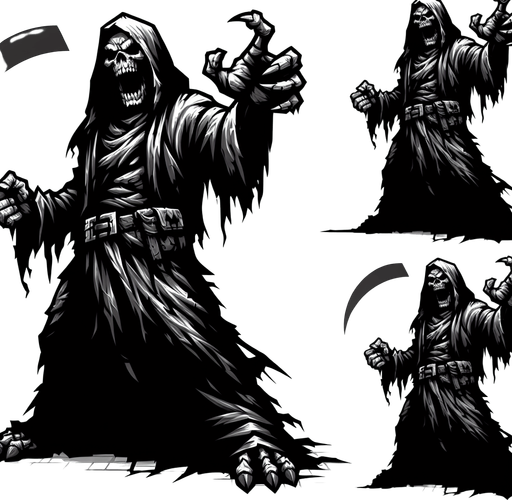 full body angry taunt orc grim reaper style.
Single Game Texture.  In-Game asset.  2d.  Blank background.  High contrast.  No shadows