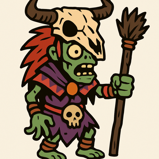 A shaman zombie,head wearing a cow skull.
In-Game asset.  2d.  High contrast.  No shadows